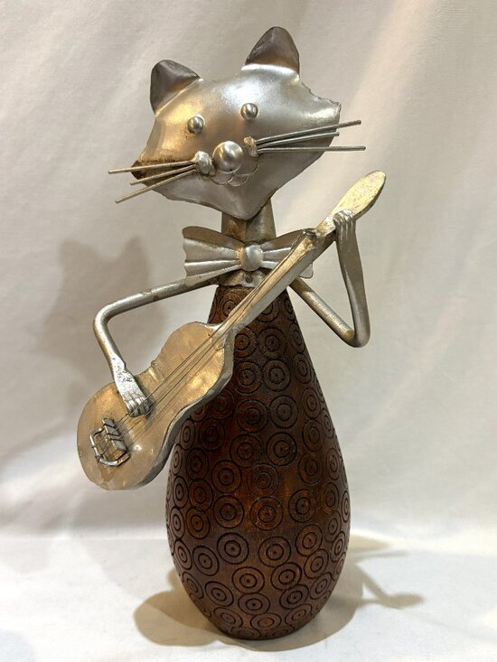 Other - Metal and Wood Cat Sculpture Kitty Cat Playing Acoustic Guitar Figurine 10"